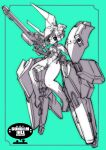  1girl advance_of_zeta advance_of_zeta_re-boot bare_shoulders breasts character_request cleavage closed_mouth collarbone commentary_request full_body green_background gun gundam hair_between_eyes highres holding holding_gun holding_weapon kenki_fujioka leotard logo looking_at_viewer mecha mecha_musume medium_breasts personification robot science_fiction short_hair simple_background smile solo strapless strapless_leotard thighs weapon 