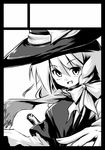  black_border border circle_cut date_hajime greyscale hat kirisame_marisa monochrome scarf solo touhou witch_hat 