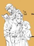  1girl 2boys absurdres badeni bae_(baebae) belt book capelet chi.:_chikyuu_no_undou_ni_tsuite commentary_request cowboy_shot dated eyepatch gloves hair_bun hand_on_own_neck highres holding holding_book hood hood_up hooded_capelet jolenta korean_commentary looking_at_another medium_hair monochrome multiple_boys nervous_smile oczy open_book orange_background reading scar scar_on_face scar_on_mouth scar_on_nose sketch sleeves_rolled_up smile sweatdrop tabard tonsure updo vest 