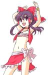  armpits arms_up bad_id bad_pixiv_id black_eyes black_hair bow bracelet choker cosplay fushigi_no_umi_no_nadia hair_bow hair_tubes hakurei_reimu ica jewelry midriff nadia nadia_(cosplay) necklace parody red_choker ribbon sarashi solo touhou yin_yang 