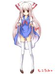  any_(trueblue) bad_id bad_pixiv_id bangs character_name cosplay dress dress_lift fujiwara_no_mokou hair_ribbon kamishirasawa_keine kamishirasawa_keine_(cosplay) long_hair no_panties red_eyes ribbon solo thighhighs touhou translated tsundere white_hair 