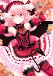  bat_wings cross cross_earrings demon_girl demon_tail detached_sleeves earrings gothic_lolita jewelry lolita_fashion long_hair lying original pink_hair pointy_ears red_eyes solo staring stuffed_animal stuffed_reindeer stuffed_toy tail thighhighs wings yamabuki_zarame zettai_ryouiki 