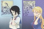  black_hair blonde_hair blue_eyes brown_eyes hair_flip hitou_nami kimura_kaere long_hair multiple_girls necktie non-web_source one_eye_closed sayonara_zetsubou_sensei school_uniform serafuku short_hair 