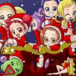  asuka_momoko blonde_hair blue_eyes blue_hair brown_eyes brown_hair christmas forehead fujiwara_hazuki glasses harukaze_doremi isu lowres majorika makihatayama_hana midriff multiple_girls navel ojamajo_doremi one_eye_closed pink_hair red_eyes santa_costume segawa_onpu senoo_aiko 