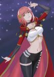  1girl absurdres alternate_costume arm_up asymmetrical_clothes asymmetrical_pants black_leggings black_pants breasts bridal_gauntlets cape cleavage clothing_cutout collarbone commission commissioner_upload crop_top fire_emblem fire_emblem_engage fire_emblem_fates grin hairband highres leg_cutout leggings looking_at_viewer medium_breasts midriff navel night pants pantyhose pink_eyes pink_hair red_cape sage_outfit_(fire_emblem_engage) sakura_(fire_emblem) seilindekos single_pantsleg sky smile star_(sky) starry_sky stomach stomach_cutout white_hairband 