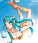  1girl :o animal_print ass bikini blue_hair blue_sky blush boots breasts choppy_bangs cleavage cloud collarbone commentary cone_horns day dilan_griz flying full_body highres horns large_breasts legs_up long_hair looking_at_viewer lum oni open_mouth orange_eyes outdoors pointy_ears print_bikini print_boots sky solo strapless strapless_bikini swimsuit tiger_print tiger_print_bikini urusei_yatsura yellow_bikini yellow_boots 