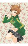  ahoge bad_id bad_pixiv_id bird brown_hair fighting_stance jacket kung_fu kyuusugi_toku martial_arts one_eye_closed persona persona_4 pins satonaka_chie short_hair skirt smiley_face solo track_jacket zipper 