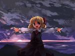  blonde_hair cloud cloudy_sky hair_ribbon murani necktie outdoors outstretched_arms red_eyes ribbon rumia short_hair sky solo spread_arms sunrise touhou 
