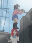  2girls absurdres ai_arctic_warfare alt_text black_hair black_socks blue_bow blue_bowtie blue_skirt bolt_action bow bowtie brown_shoes brown_sweater_vest closed_mouth commentary counter-strike_(series) counter-strike_2 gameplay_mechanics gun highres hitbox_dissonance holding holding_gun holding_knife holding_weapon knife long_sleeves love_live! love_live!_school_idol_project medium_hair missladysheep multiple_girls nishikino_maki olofboost otonokizaka_school_uniform pink_sweater pleated_skirt purple_eyes red_hair rifle school_uniform shirt shoes skirt sniper_rifle socks standing standing_on_another's_head summer_uniform sweatdrop sweater sweater_vest twintails upper_body weapon white_shirt yazawa_nico 