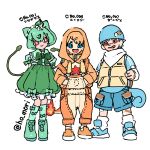  beanie blue_eyes blue_hair blue_hoodie boots bulbasaur cargo_shorts charmander dress fire flame-tipped_tail green_hair harurie hat highres hood hoodie loose_socks orange_hair personification pokemon red_eyes shorts socks squirtle starter_pokemon_trio suspenders tail thighhighs translation_request white_background 