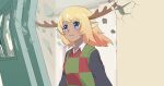  1girl :3 animal_ears antlers black_shirt blonde_hair blue_eyes breaking_through_wall breasts checkered_sweater_vest collared_shirt commentary_request crack cracked_wall dark-skinned_female dark_skin debris deer_antlers deer_ears deer_girl deltarune destruction furry furry_female green_sweater_vest highres horns komugiko_(bitte_komu) light_blush medium_breasts medium_hair meme noelle_holiday nokotan_entering_a_classroom_(meme) red_sweater_vest scene_reference shikanoko_nokonoko_koshitantan shirt solo sweater sweater_vest two-tone_sweater_vest upper_body utdr_(toby_fox) white_shirt 