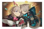  1boy 1girl absurdres animal_ears aqua_bow aqua_bowtie back_bow black_gloves bow bowtie brother_and_sister cacetse card cat_ears cat_girl cat_tail dated_commentary facial_mark genshin_impact gloves grey_hair grey_tail highres holding holding_card lynette_(genshin_impact) lyney_(genshin_impact) missing_headwear multicolored_gloves one_eye_closed pink_bow pink_bowtie purple_eyes siblings star_(symbol) star_facial_mark tail teardrop_facial_mark traditional_bowtie two-tone_gloves white_gloves 