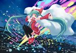  aqua_eyes aqua_hair bell cityscape detached_sleeves hatsune_miku isou_nagi long_hair musical_note necktie night one_eye_closed sack santa_costume skirt sky solo thighhighs twintails very_long_hair vocaloid 