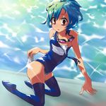 blue_vert brown_eyes goggles multicolored_hair one-piece_swimsuit original school_swimsuit short_hair solo swimsuit thighhighs torn_clothes wardrobe_malfunction water 