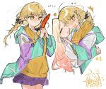  2girls black_bow blonde_hair bow braid chibi closed_eyes closed_mouth clothes_writing colored_lineart emne feathers fujita_kotone gakuen_idolmaster green_jacket hair_bow hair_ornament hairpin hand_on_another's_shoulder hand_on_another's_waist heart highres holding holding_feather hood hooded_jacket hug idolmaster jacket juo_sena long_sleeves multicolored_hair multicolored_jacket multiple_girls numbered open_clothes open_jacket open_mouth pairing_name pink_streaks pocket print_shirt purple_jacket purple_skirt shirt skirt streaked_hair tearing_up twin_braids white_background white_shirt yellow_eyes yellow_shirt yuri 