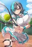  1girl alternate_costume aqua_hair aqua_streaks artist_logo ball black_hair blue_sky blush bouncing_breasts breasts cloud cloudy_sky collared_shirt commentary_request earrings flying_sweatdrops frilled_panties frills garter_belt hair_between_eyes highres holding holding_racket holding_tennis_racket hololive hololive_dev_is inokeiwd jewelry large_breasts logo looking_at_object medium_hair midriff miniskirt mole mole_on_neck motion_blur multicolored_hair nail_polish navel o-ring o-ring_garter_belt o-ring_thigh_strap outdoors panties pantyshot parted_lips playing_sports pleated_skirt racket red_eyes rindo_chihaya shirt short_sleeves signature skindentation skirt sky smile solo sportswear streaked_hair sweat swinging_tennis_racket tennis tennis_ball tennis_court tennis_racket tennis_uniform thick_thighs thigh_strap thighs unaligned_breasts underwear virtual_youtuber white_hair white_panties white_shirt white_skirt white_streaks wristband 