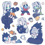  105zz 2boys all_fours aqua_eyes armor black_coat black_hair black_pants black_shoes blue_eyes blue_scarf blush boots brown_hair chest_strap chibi chibi_only closed_eyes coat commentary_request crisis_core:_final_fantasy_vii cup dog_tail drink_carton earmuffs final_fantasy final_fantasy_vii final_fantasy_vii:_ever_crisis flying_sweatdrops food green_scarf grey_hair holding holding_drink_carton holding_snowball hug jacket long_coat long_hair male_focus multiple_boys multiple_views open_mouth orange_shirt pants parted_bangs pauldrons paw_print_soles red_boots red_jacket scarf sephiroth shirt shoes short_hair shoulder_armor slit_pupils smile snowball tail taiyaki teacup teapot wagashi white_jacket winter_clothes zack_fair 