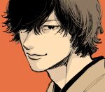  1boy close-up commentary_request hair_over_one_eye highres limited_palette male_focus mika_yamamori mole mole_under_eye orange_background portrait real_life smile solo yonezu_kenshi_(person) 
