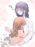  ! 2girls ? ?? absurdres adachi_sakura adachi_to_shimamura blush brown_hair brown_shirt commentary hashtag-only_commentary highres hug long_hair medium_hair multiple_girls pink_background purple_eyes purple_hair shimamura_hougetsu shirt white_background white_shirt yeahuzen167 yuri zzz 