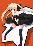  bad_id bad_pixiv_id bare_shoulders blonde_hair dress fate_testarossa long_hair lyrical_nanoha mahou_shoujo_lyrical_nanoha solo thighhighs twintails wind wind_lift yuurakudou_kurono 