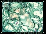  1girl aqua_theme arm_up armor armpits black_border border breasts character_name cleavage closed_mouth commentary_request detached_sleeves english_text hatsune_miku hatsune_miku_(append) light_smile long_hair long_sleeves looking_at_viewer medium_breasts min-naraken monochrome navel open_clothes open_shirt shirt sleeves_past_wrists solo spot_color thighhighs twintails very_long_hair vocaloid white_shirt 