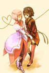  artist_request bob_cut boots brown_hair dress estellise_sidos_heurassein gloves goggles green_eyes heart heart_of_string knee_boots multiple_girls pink_hair rita_mordio short_hair smile tales_of_(series) tales_of_vesperia thighhighs yellow_background 
