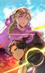  2girls absurdres bae_(baebae) black_robe blonde_hair blue_sky braid brown_eyes brown_hair capelet chi.:_chikyuu_no_undou_ni_tsuite clenched_teeth cloak commentary_request dated draka_(chi.) furrowed_brow green_cloak hair_between_eyes highres hood hood_down hooded_cloak jolenta korean_commentary long_hair multiple_girls parted_bangs parted_lips pink_capelet ponytail robe short_hair short_ponytail single_braid sky sweatdrop tan teeth upper_body 