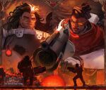  2boys adaptive_combat_rifle assault_rifle baptiste_(overwatch) beard black_hair destruction dreadlocks earrings facial_hair fire gatling_gun grenade_launcher gun highres jewelry long_hair male_focus mauga_(overwatch) military_combat_uniform military_medic military_uniform minigun multiple_boys overwatch rifle size_difference stand_off syouyugoblin weapon white_hair 