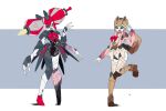  2girls ayunda_risu ayunda_risu_(1st_costume) black_sclera brown_hair colored_sclera commentary deevious_deevi english_commentary extra_arms full_body green_eyes grey_hair heterochromia highres hololive hololive_indonesia joints kureiji_ollie kureiji_ollie_(1st_costume) looking_at_viewer mechanical_ears mechanical_hair mechanical_tail mechanization metal_skin multicolored_eyes multiple_girls object_through_head open_mouth red_eyes red_hair robot_girl robot_joints sharp_teeth simple_background smile standing standing_on_one_leg sword sword_in_head tail teeth upper_teeth_only v weapon yellow_eyes 