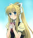  air akaza_shiro blonde_hair blue_eyes hair_ribbon juice_box kamio_misuzu long_hair lowres ribbon school_uniform solo 