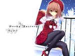  arm_up beret black_legwear boots brown_hair christmas fence hat high_heel_boots high_heels knee_up kobayashi_chisato long_sleeves looking_at_viewer original pantyhose pom_pom_(clothes) santa_costume short_hair sitting solo 