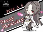  1girl :3 ;d arm_at_side artist_name assault_lily belt birthday_cake black_background black_shoes blush_stickers breasts bridal_gauntlets brown_bridal_gauntlets brown_pantyhose cake chibi commentary cross-laced_clothes cross-laced_top curtained_hair dated finger_to_mouth food full_body grey_background grey_hair grey_shirt half_updo happy_birthday heart high_heels highres hotaru_(ultraroly_poly) inaba_mayumi lab_coat leg_up long_hair looking_at_viewer medium_breasts mole mole_on_breast mole_under_mouth nail_polish one_eye_closed open_mouth pantyhose parted_bangs red_eyes red_nails shirt shoes side_slit skirt smile solo standing standing_on_one_leg thighband_pantyhose very_long_hair white_background white_skirt yellow_belt 