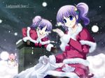  blue_eyes christmas dj_max dj_max_portable kazumasa ladymade_star multiple_girls pantyhose purple_hair santa_costume siblings sisters snow twins 