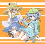  backpack bad_id bad_pixiv_id bag blonde_hair bloomers blue_eyes blue_hair boots hand_on_headwear hat ica kawashiro_nitori key midriff moriya_suwako multiple_girls navel oekaki reeds short_hair touhou two_side_up underwear white_bloomers 