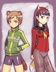  amagi_yukiko animal_ears arms_behind_back bad_id bad_pixiv_id badge bangs bike_shorts blunt_bangs brown_eyes brown_hair button_badge cardigan crotch_seam em fox_ears green_shirt hairband hand_in_pocket hands_in_pockets jacket multiple_girls no_pants panties panties_under_pantyhose pantyhose persona persona_4 purple_eyes purple_hair raccoon_ears raccoon_tail satonaka_chie school_uniform serafuku shirt short_hair standing sweater tail thighband_pantyhose underwear white_panties yasogami_school_uniform 