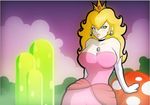  blonde_hair blush breasts collar crown dress earrings elbow_gloves gloves green_eyes huge_breasts jewelry jpeg_artifacts long_hair mario_(series) nintendo pink_dress princess_peach solo super_mario_bros. toad 