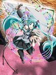  absurdres aqua_eyes aqua_hair colorful detached_sleeves hands hatsune_miku highres long_hair microphone microphone_stand musical_note necktie outstretched_arm outstretched_hand reaching skirt solo staff_(music) thighhighs twintails vocaloid yukihanaok 