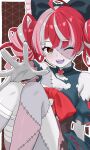  1girl absurdres ahoge bandaged_leg bandages bow colored_skin diamond-shaped_pupils diamond_(shape) double_bun grey_skin hair_bow hair_bun highres hololive hololive_indonesia ka2ya_aaa kureiji_ollie kureiji_ollie_(1st_costume) long_hair one_eye_closed patchwork_skin reaching reaching_towards_viewer red_hair symbol-shaped_pupils virtual_youtuber 