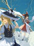  2girls absurdres apron ascot black_hat black_skirt black_vest blonde_hair bow braid brown_hair chinese_commentary commentary_request detached_sleeves frilled_bow frilled_hair_tubes frills hair_bow hair_tubes hakurei_reimu hat hat_bow highres jin_jin_jin_jin kirisame_marisa long_hair multiple_girls open_mouth outdoors red_bow red_eyes red_skirt ribbon-trimmed_sleeves ribbon_trim second-party_source side_braid single_braid skirt skirt_set smile snow snowball snowball_fight touhou vest waist_apron white_apron white_bow winter witch_hat yellow_ascot yellow_eyes 