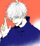  1boy aqua_eyes commentary_request crossed_fingers gojou_satoru highres jujutsu_kaisen lips male_focus mika_yamamori orange_background parted_lips portrait smile solo turtleneck white_hair 