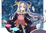  1girl aerial_fireworks ayahosiyuki bare_shoulders black_kimono blue_background blue_eyes cho_kaguya-hime! commentary_request fireworks fish frilled_sleeves frills hair_ornament hair_rings hair_stick japanese_clothes kimono long_hair long_sleeves looking_at_viewer night octopus runami_yachiyo sky smile solo twintails white_hair 