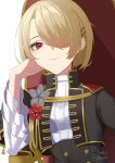  1girl absurdres black_jacket blonde_hair buttons clenched_hand closed_mouth commentary_request double-breasted eyelashes frilled_sleeves frills hair_ornament hair_over_one_eye hairclip hand_on_own_cheek hand_on_own_face hand_up heaven_burns_red highres jacket kayamori_ruka light_smile long_bangs long_sleeves looking_at_viewer negino_yurine official_alternate_costume one_eye_covered open_clothes open_jacket parallel_hairclips red_eyes shirt short_hair simple_background sitting solo upper_body white_background white_shirt wide_sleeves 