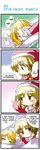  4koma alice_margatroid blonde_hair blush brown_eyes comic hard_translated kirisame_marisa morogami_ryou multiple_girls ribbon santa_costume short_hair sleeping touhou translated 