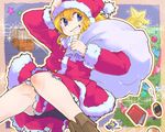  bike_shorts blonde_hair blue_eyes book christmas christmas_tree cookie fairy food grin hand_on_headwear kirisame_marisa long_hair looking_back rotan sack santa_costume smile solo sparkle star touhou 