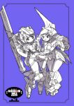  2girls :d :o advance_of_zeta advance_of_zeta_re-boot barzam between_breasts breasts character_request cleavage commentary_request english_text full_body gun gundam hair_between_eyes highres holding holding_gun holding_weapon kenki_fujioka large_breasts leotard logo long_hair mecha_musume mechanical_legs multiple_girls open_hand personification purple_background short_hair siblings simple_background sisters smile tareme tsurime weapon 