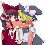  bad_id bad_pixiv_id blonde_hair hakurei_reimu hat holding_hands ica kirisame_marisa multiple_girls scarf shared_scarf touhou witch_hat yuri 