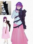 archery_shooting_glove asymmetrical_clothes asymmetrical_sleeves asymmetrical_sweater black_sleeves buckle clip_studio_paint_(medium) commentary english_commentary fate/hollow_ataraxia fate/stay_night fate_(series) gloves hair_ribbon highres long_hair long_skirt long_sleeves matou_sakura mismatched_sleeves paper_texture partially_fingerless_gloves photo-referenced photo_inset pink_skirt purple_eyes purple_hair purplerider red_ribbon reference_inset reference_photo ribbon shirt single_sleeve skirt strap sweat sweater turtleneck uneven_sleeves vertical-striped_sleeves white_background white_shirt yugake 