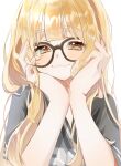  1girl absurdres bespectacled black_shirt blonde_hair blush brown-framed_eyewear buku_chin commentary_request fang fujita_kotone gakuen_idolmaster glasses hands_on_own_cheeks hands_on_own_face highres idolmaster long_hair looking_at_viewer shirt simple_background skin_fang smile solo straight_hair upper_body white_background yellow_eyes 