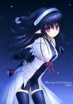  black_hair blush christmas hat highres long_hair na-ga original pointy_ears purple_eyes santa_hat solo thighhighs zettai_ryouiki 