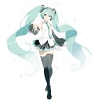  1girl absurdres aqua_eyes aqua_hair aqua_necktie aqua_ribbon aqua_trim black_skirt black_thighhighs blush breasts chinese_commentary collared_shirt commentary detached_sleeves falling_poem full_body hair_between_eyes hair_ornament hatsune_miku hatsune_miku_(nt) highres layered_sleeves long_hair long_sleeves looking_at_viewer medium_breasts necktie official_alternate_costume piapro_studio pleated_skirt ribbon see-through_clothes see-through_sleeves shirt simple_background skirt sleeveless sleeveless_shirt smile solo sparkle sparkle_background thighhighs twintails very_long_hair vocaloid white_background white_shirt 